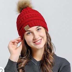 KLV Red Knit Ski Winter Causal Beanie with Faux Fur Pom